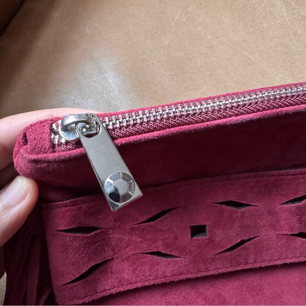 Pinko Fringe Suede Wristlet Clutch Red cutout tassel texture designer Italy - Picture 10 of 11